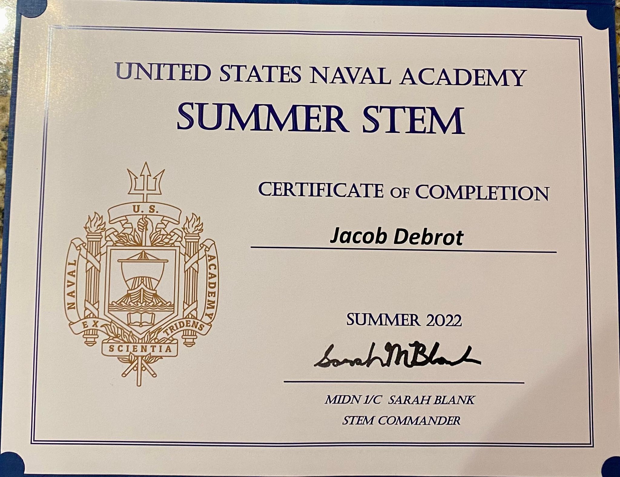 Jacob's STEMP program certificate
